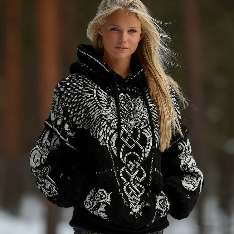 Women's Vintage Viking Celtic Knot And Wings Knit Hooded Sweater