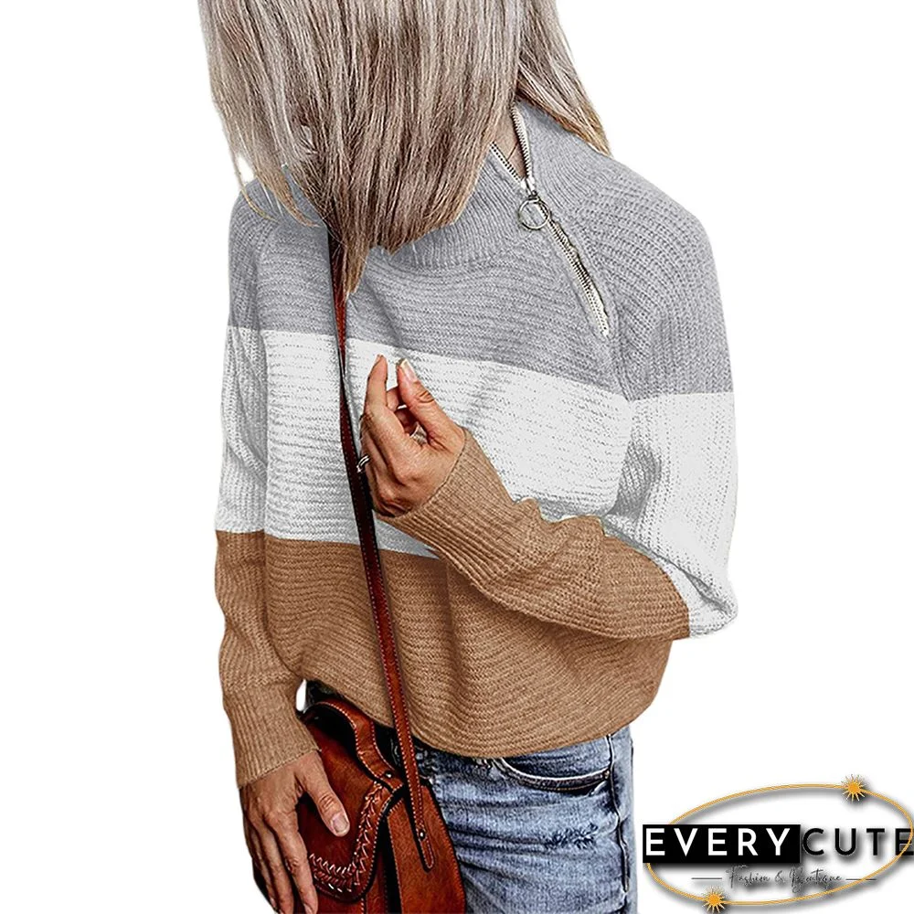 Gray ColorBlock Side Zipper High Neck Pullover Sweater