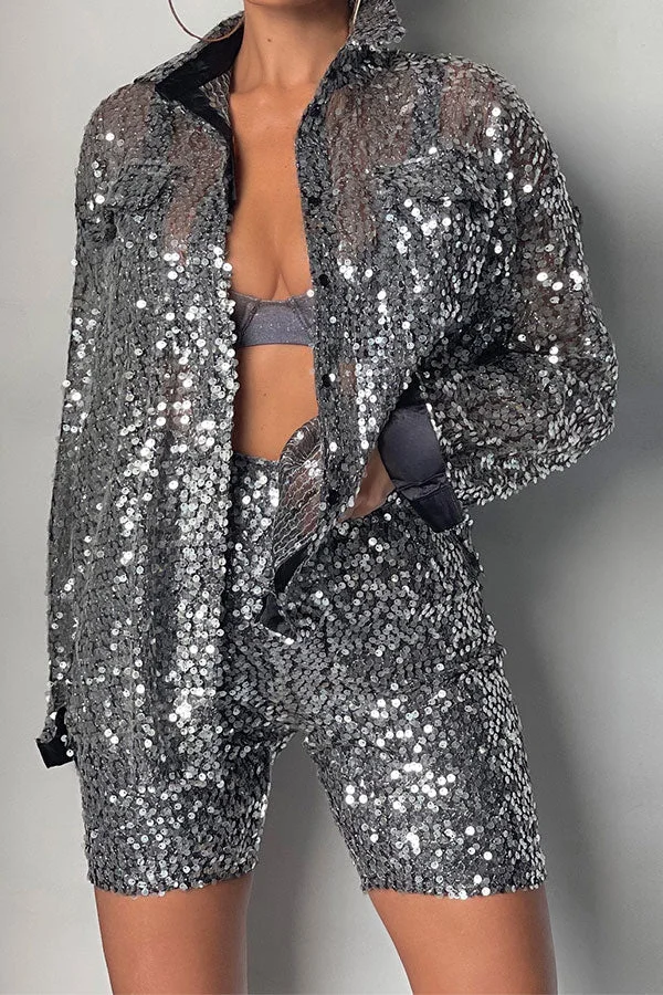 Sequined Bright Shirt Collar See-Through Pant Suit
