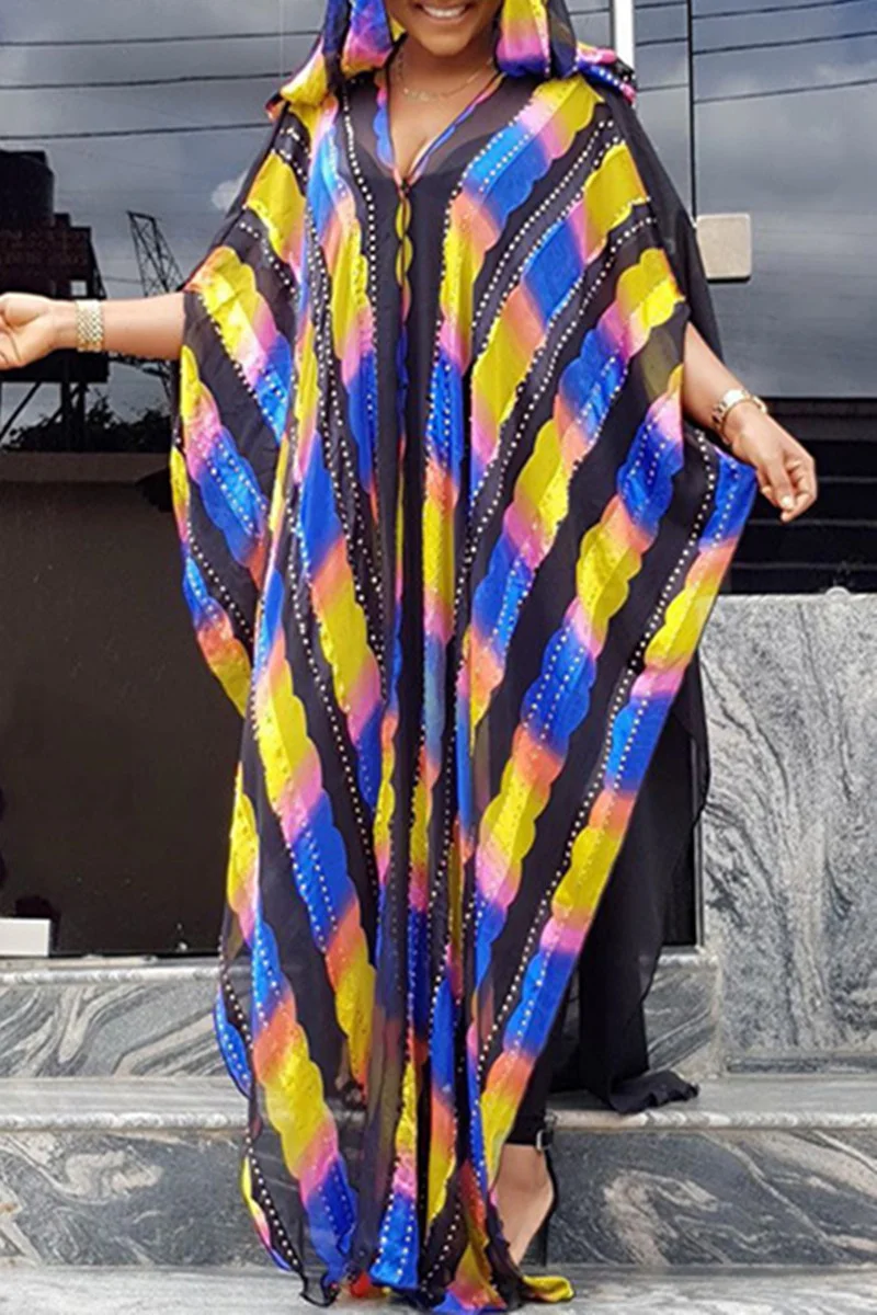Rainbow Color Fashion Casual Print Patchwork See-through Hooded Collar Plus Size Two Pieces | EGEMISS