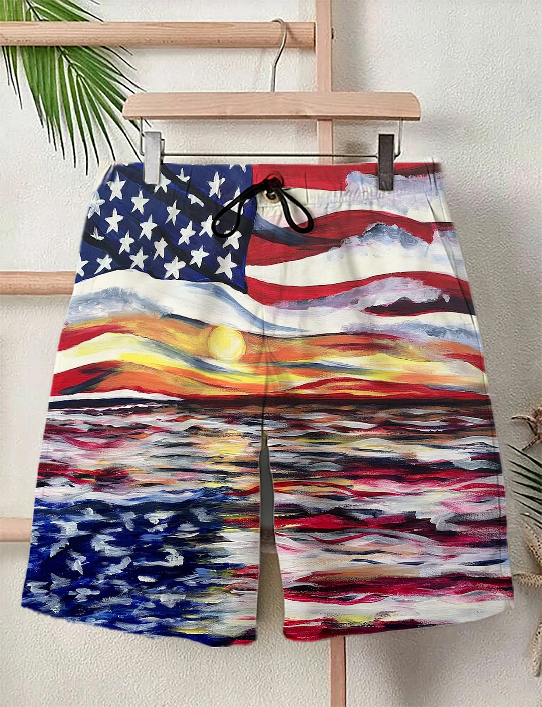 Men's Oil Painting Sunrise Sea American Flag Art Print Shorts