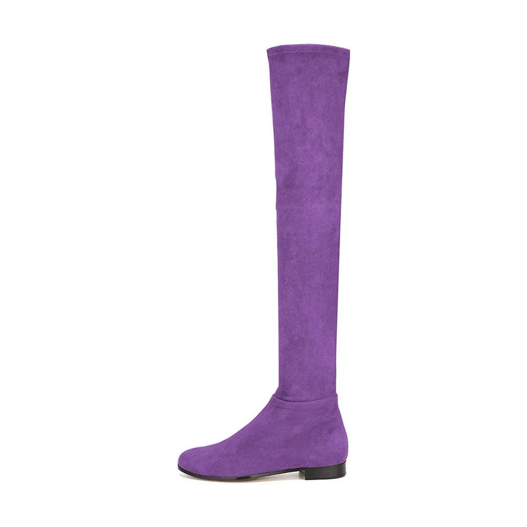 Round Toe Vegan Suede Low Heel Over The Knee Boots in Purple