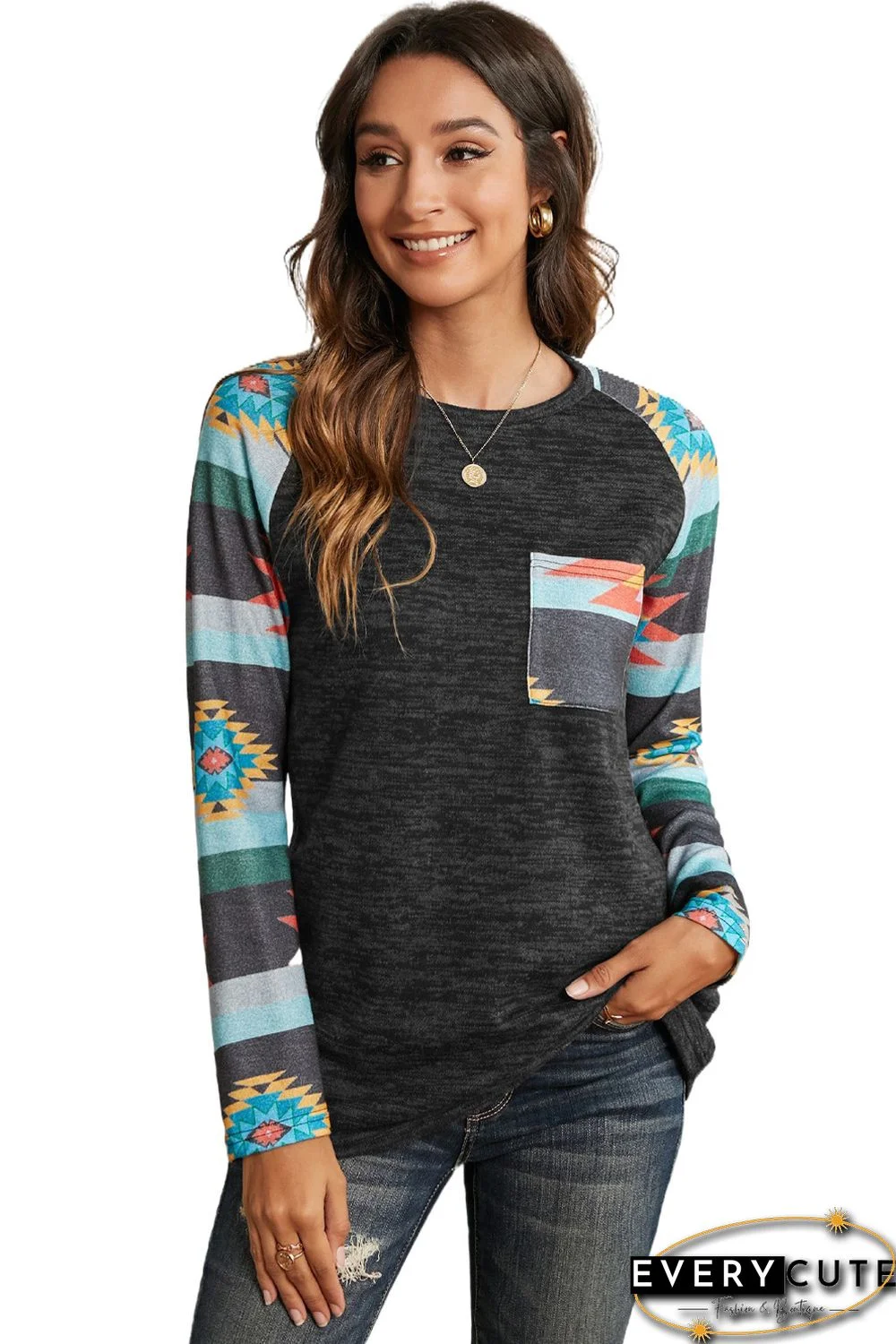 Gray Aztec Print Pocket Long Sleeve Top