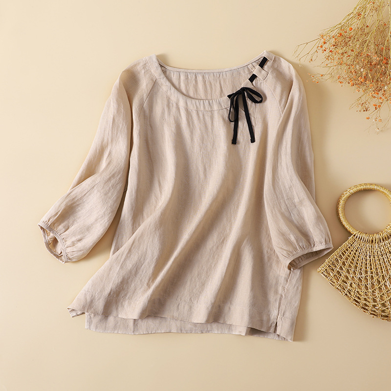 Women's Lace Up Linen Casual Blouses&Shirts