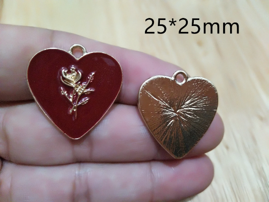 25*25mm Heart Charm,Rose Flower Heart Charm, Enamel Red Heart Charms Wholesales Necklace,Earring Bracelet Keychain Charm Pendant DIY