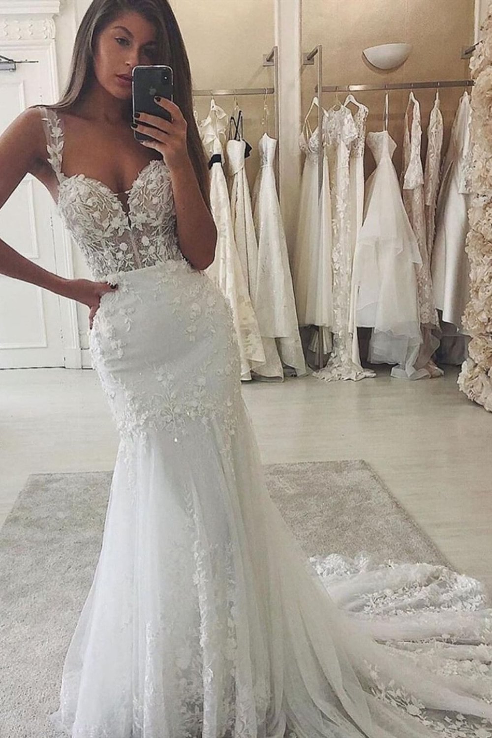 Classic Sweetheart Lace Spaghetti Straps Mermaid Wedding Dress With Tulle Appliques | Ballbellas Ballbellas