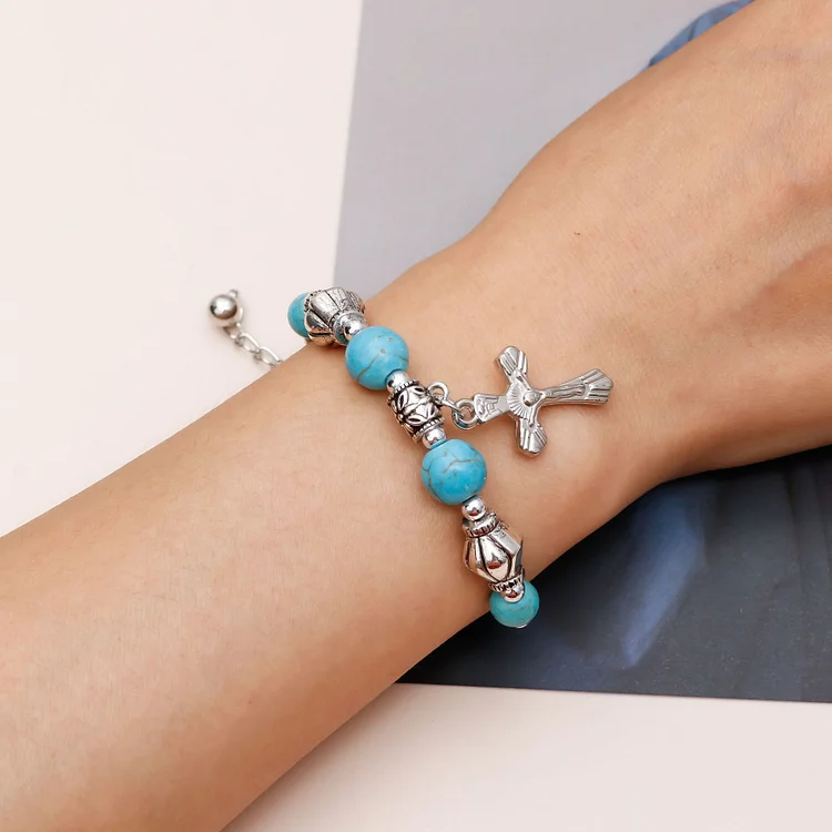 Olivenorma Turquoise Beaded Silver Cross Pendant Bracelet