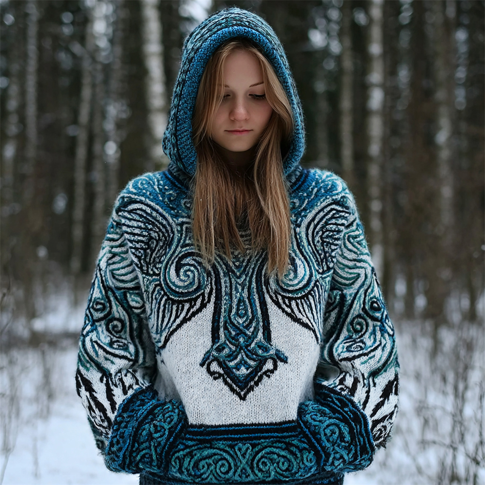 Celtic Myth Wings Pattern Women's Knit Hooded Sweater elevenforest