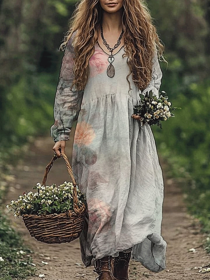 Dreamy Floral Art Printed Women's Pocket Cotton Dress