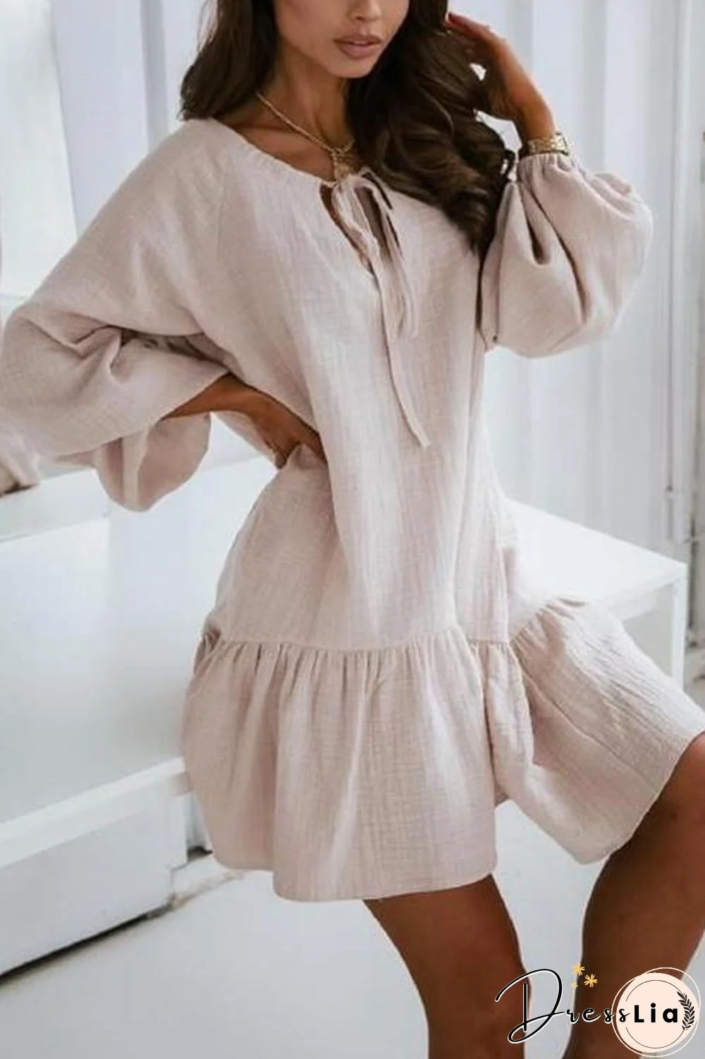 Linen Lace Up Puff Sleeve Mini Dress
