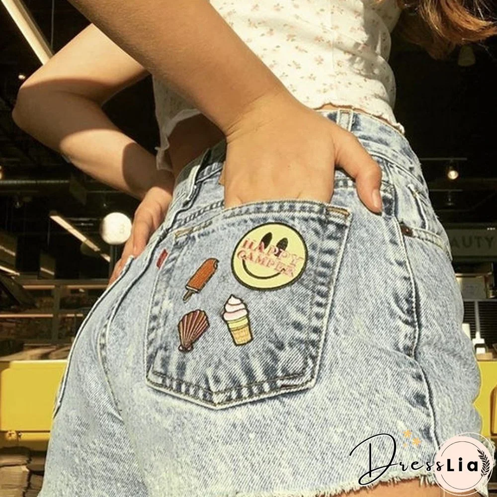 Smiley Print Loose Washed Frayed Denim Shorts