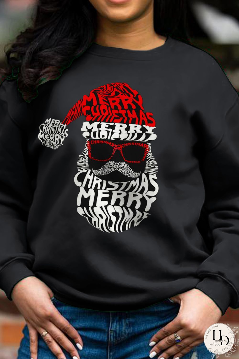 Black Daily Vintage Santa Claus Patchwork Letter Tops