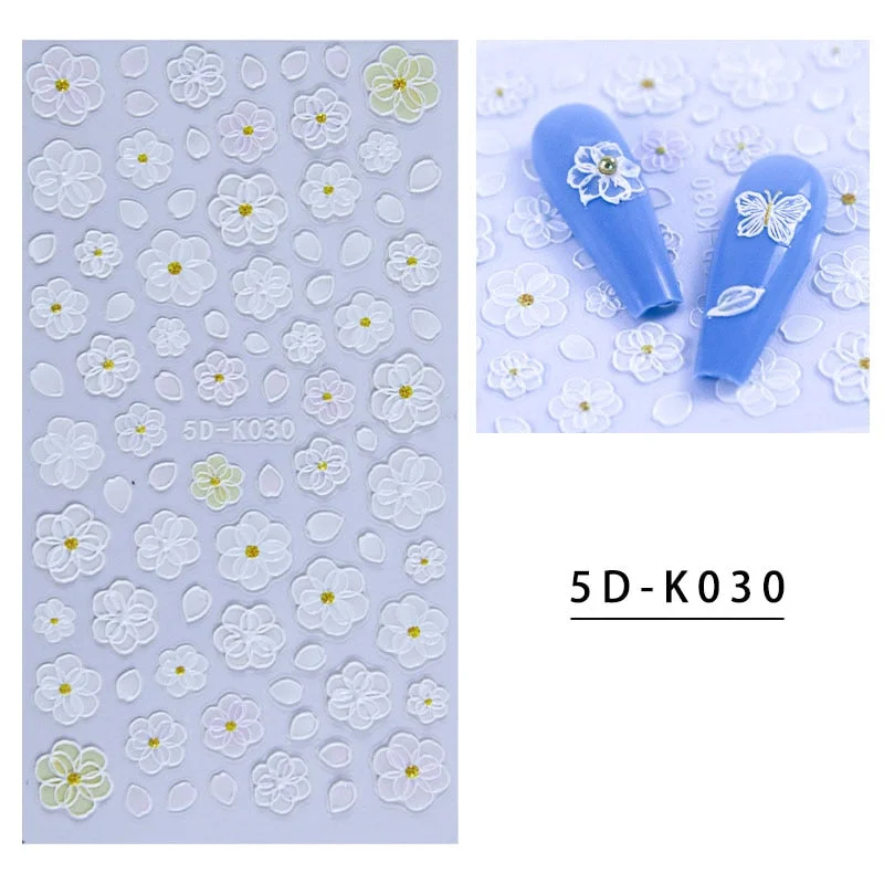 5D Butterfly Nail Sticker Engraved White Flower Sliders Embossed Lace Wedding Nail Art Design Monogram Decals Manicure Tools