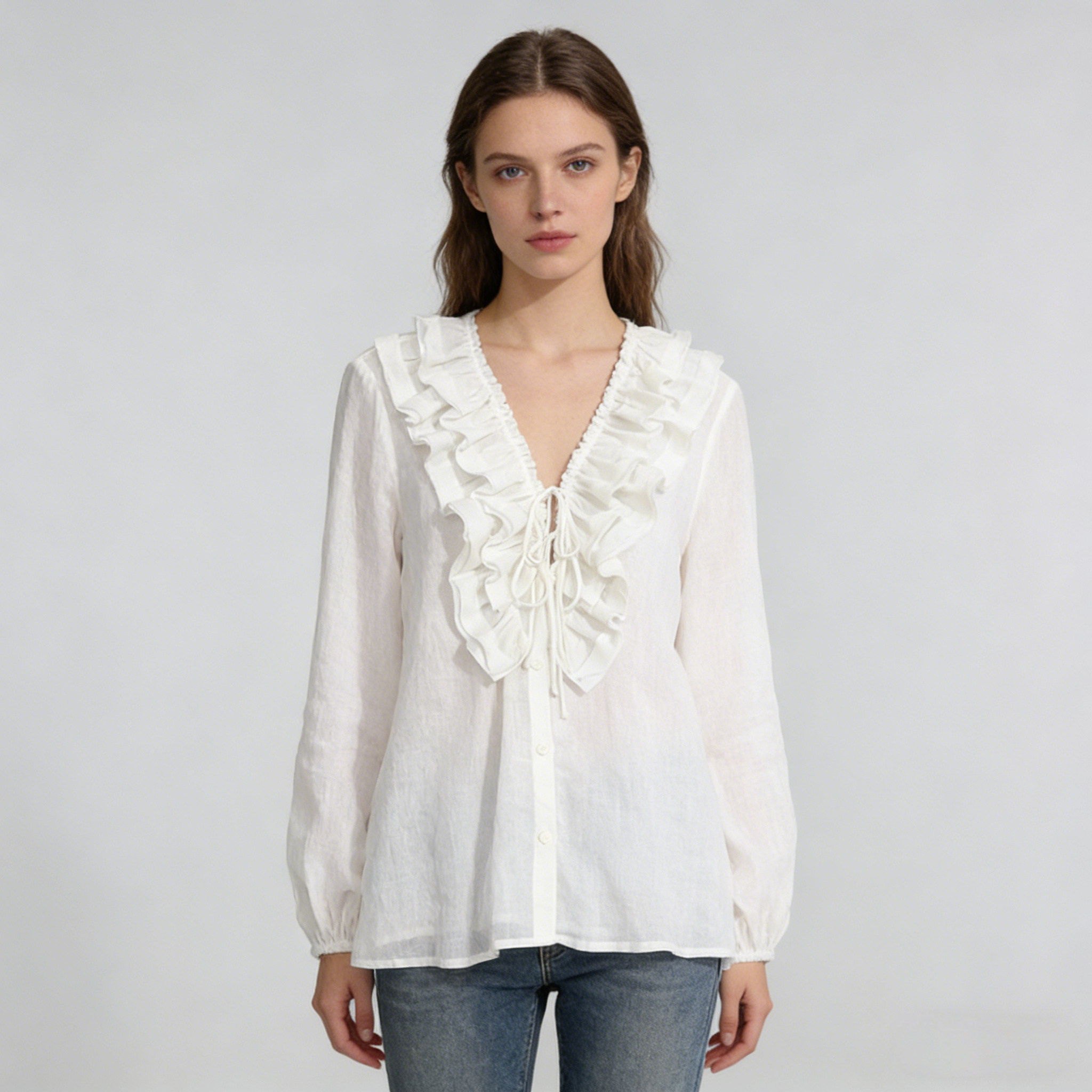 Linen Blouse Women 100% Ramie Tie Front Ruffle Top REAL SILK LIFE