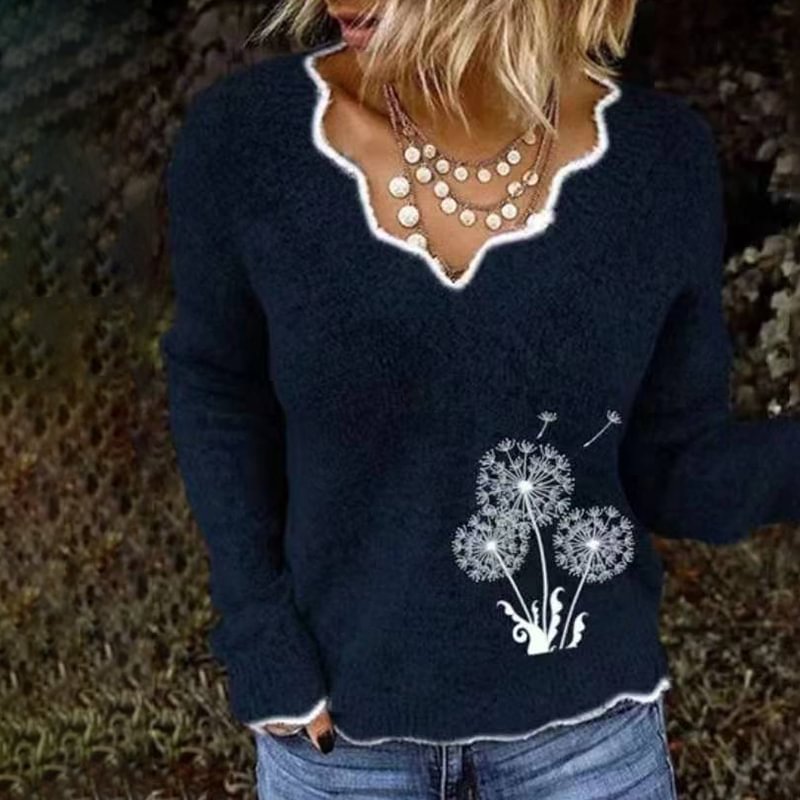 V-neck Knitted Dandelion Embroidered Sweater