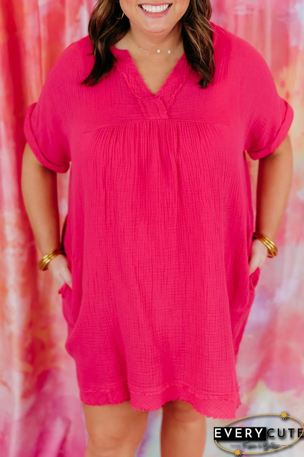 Rose Plus Size Ruched V Neck Pocket Short Sleeves Mini Dress