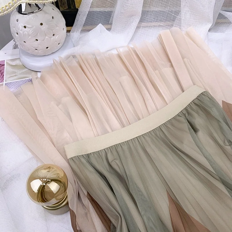 Croysier Women Elegant Geometric High Waist Tulle Pleated Skirt Midi Summer Skirts Womens 2021 Mid Calf Length Mesh Long Skirt