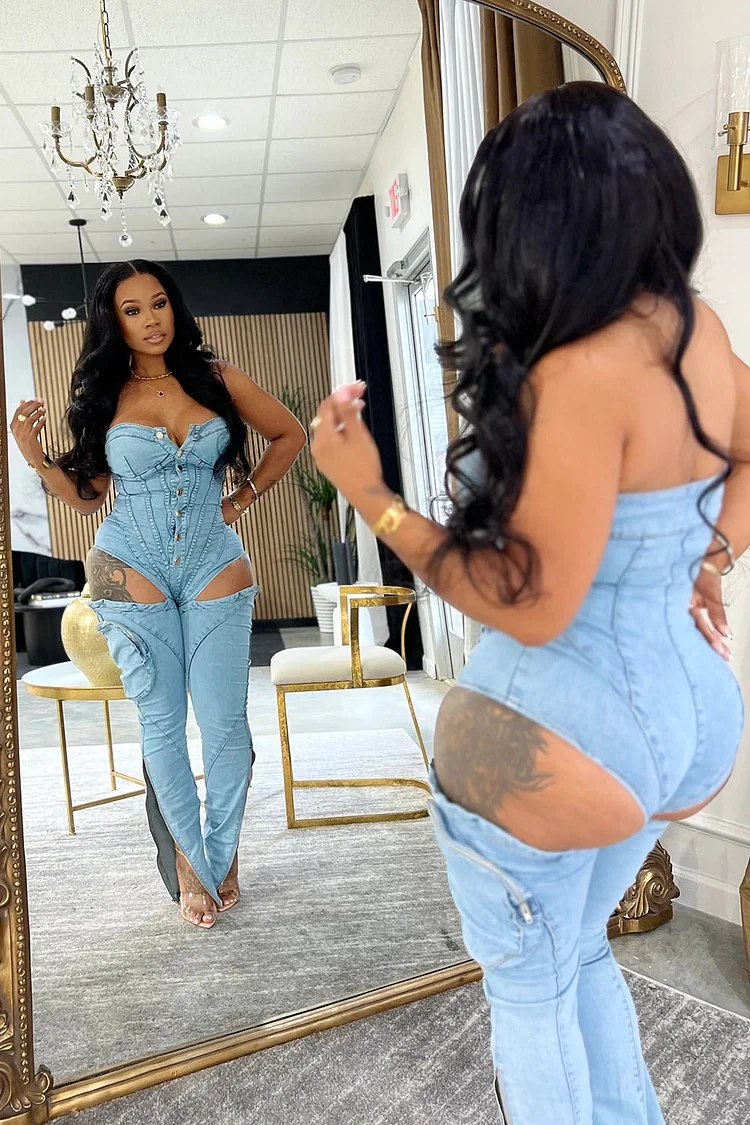 Strapless Seam Detail Cutout Button Up Slit Denim Jumpsuit-Blue [Pre Order]