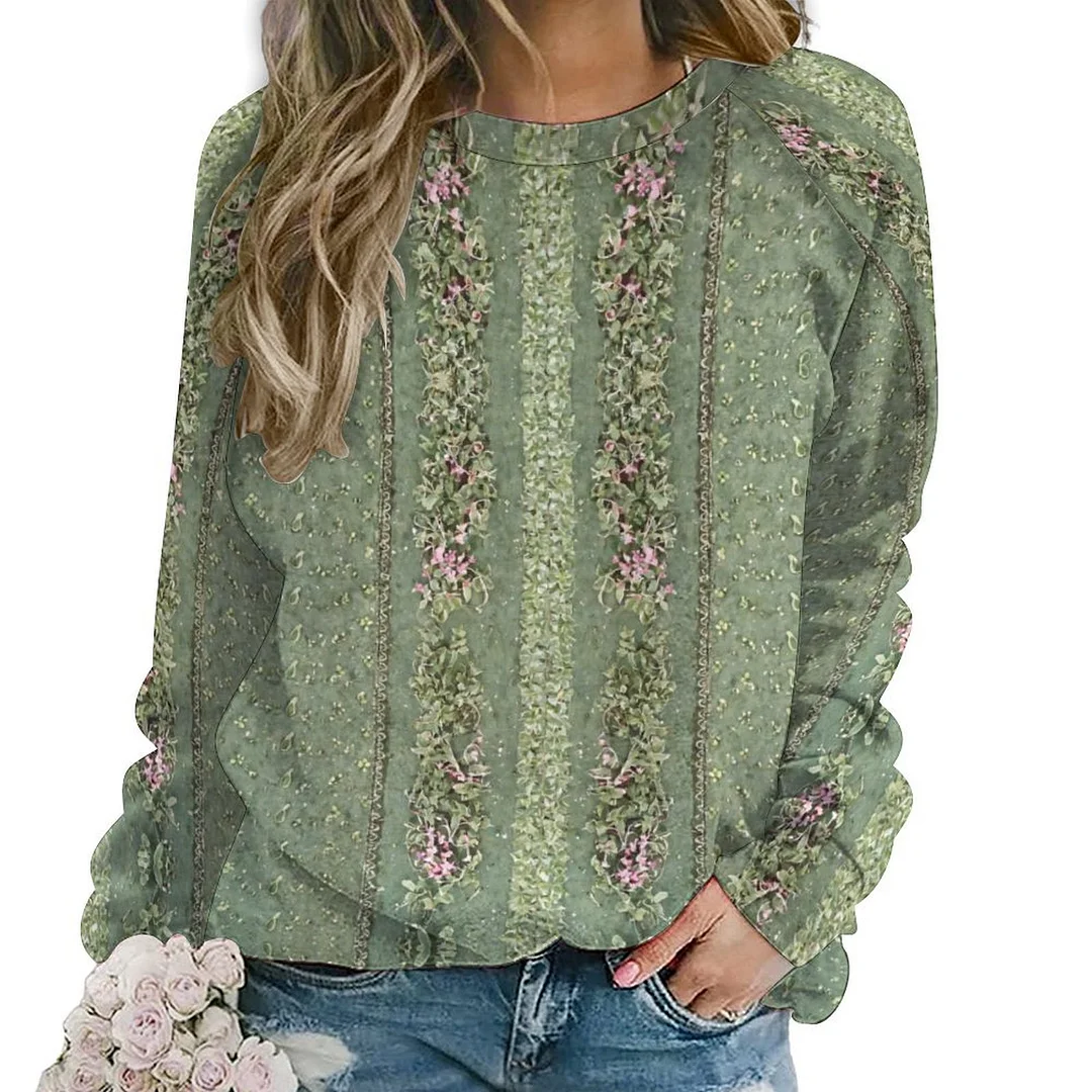 Printed Long Sleeve Casual Sweatshirt for  Women and Men Unisex Pattern Green, Floral, Vintage