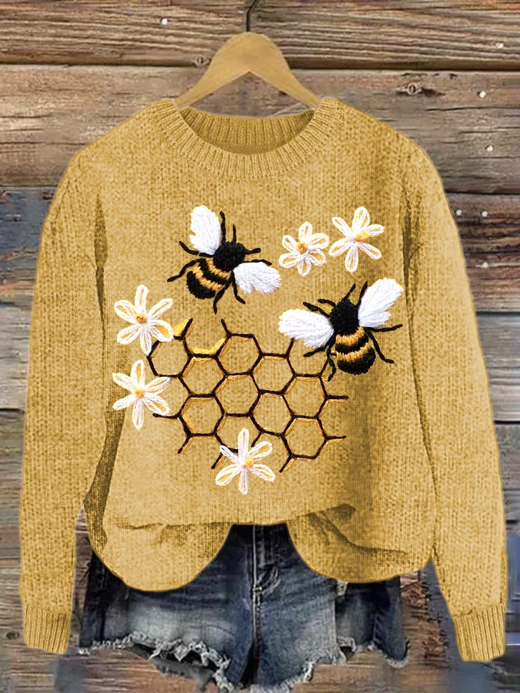 Comstylish Bees & Daisy Embroidery Pattern Cozy Knit Sweater