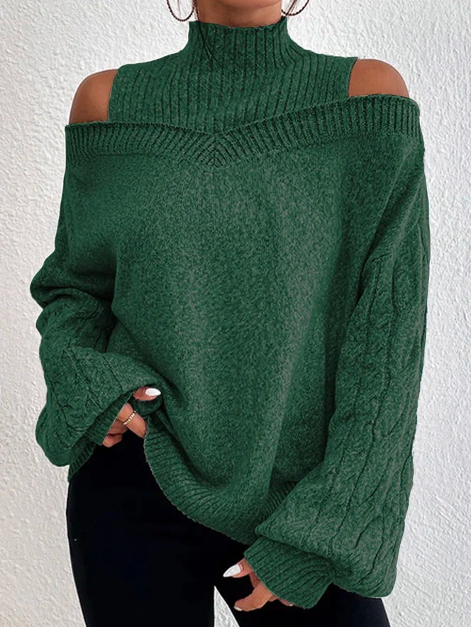 Rotimia High Neck Cutout Off Shoulder Long Sleeve Loose Sweater