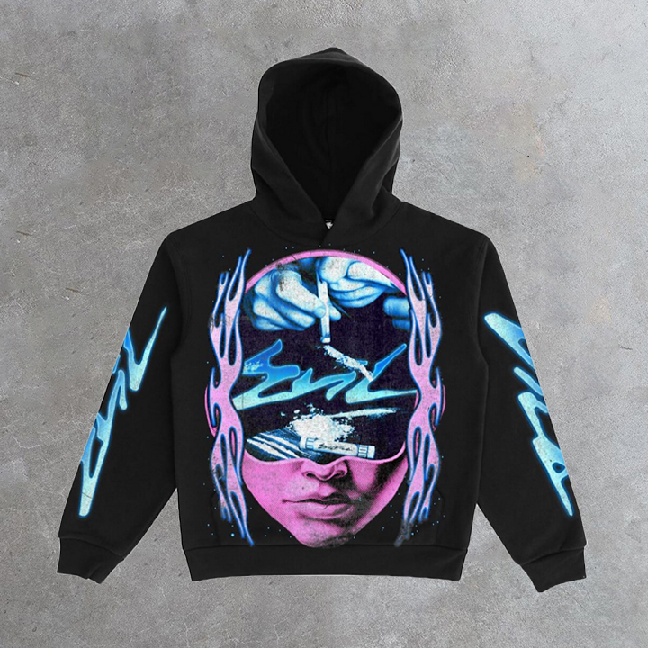 Vintage Hip-Hop Nose Dust Graphic Fleece-Lined Hoodie