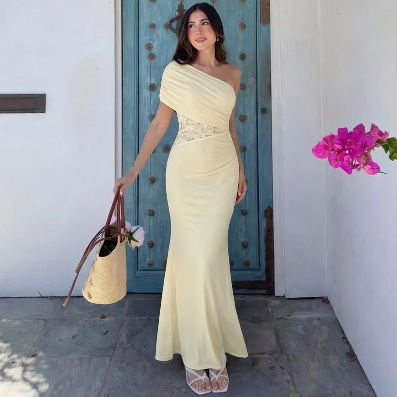 Solid One Shoulder Ruched Lace Panel High Waist Mermaid Maxi Dress