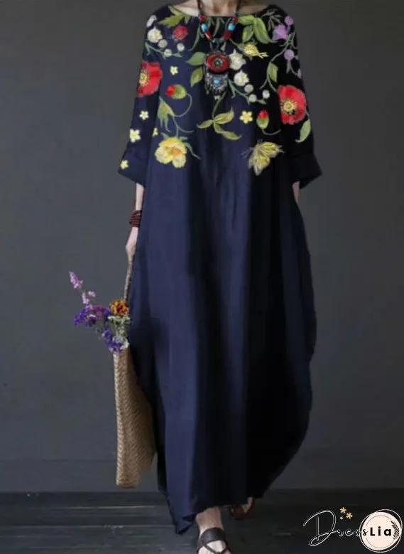 Summer Feminine Style Long Dress Round Neck Vintage Sweet Print Art Dress 3/4 Sleeve