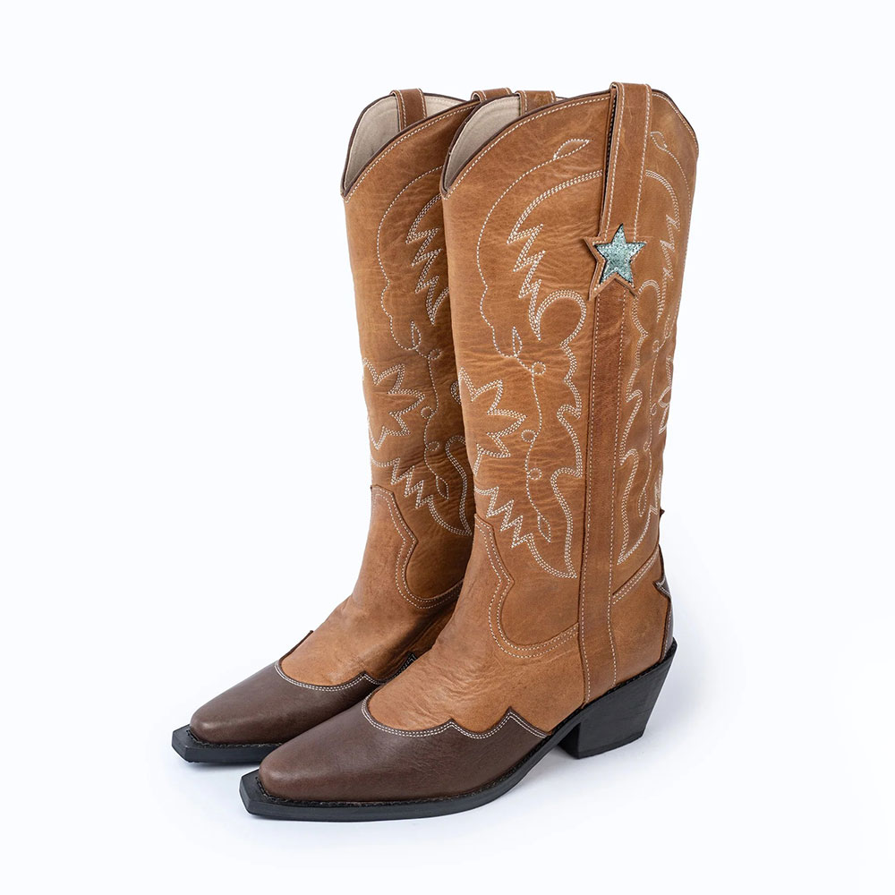 Embroidered Star Inlay Mid Calf Brown Cowgirl Boots for Women Nicepairs