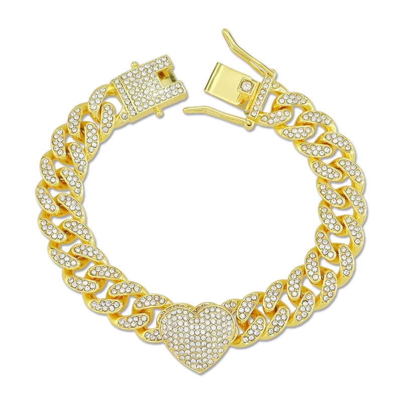 Cool Three-Dimensional Fully Jeweled Loving Heart Heart-Shaped Creative Cuban Link Chain Bracelet Hip Hop Style Couple Bracelet Bracelet