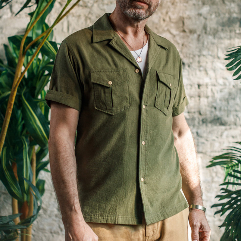 Men's Linen Olive Green Double-Pocket Short-Sleeved Shirt