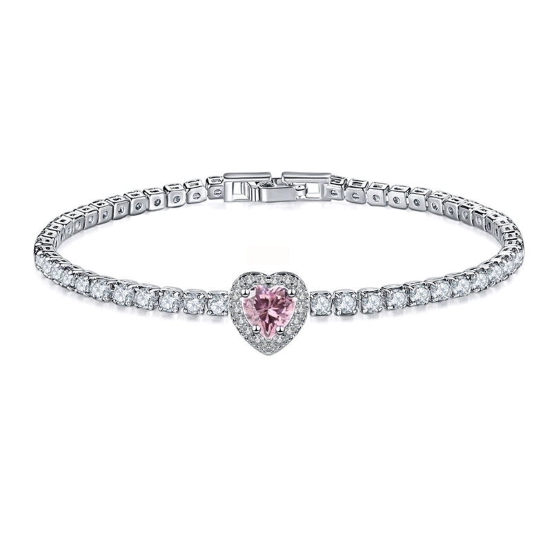 Copper Rhodium Plated Minimalist Shiny Inlay Round Water Droplets Heart Shape Zircon Tennis Bracelet