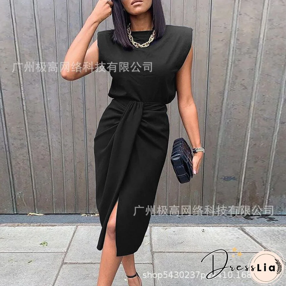 Women's Black Wide Shoulder Twisted High Slit Suit Dress
