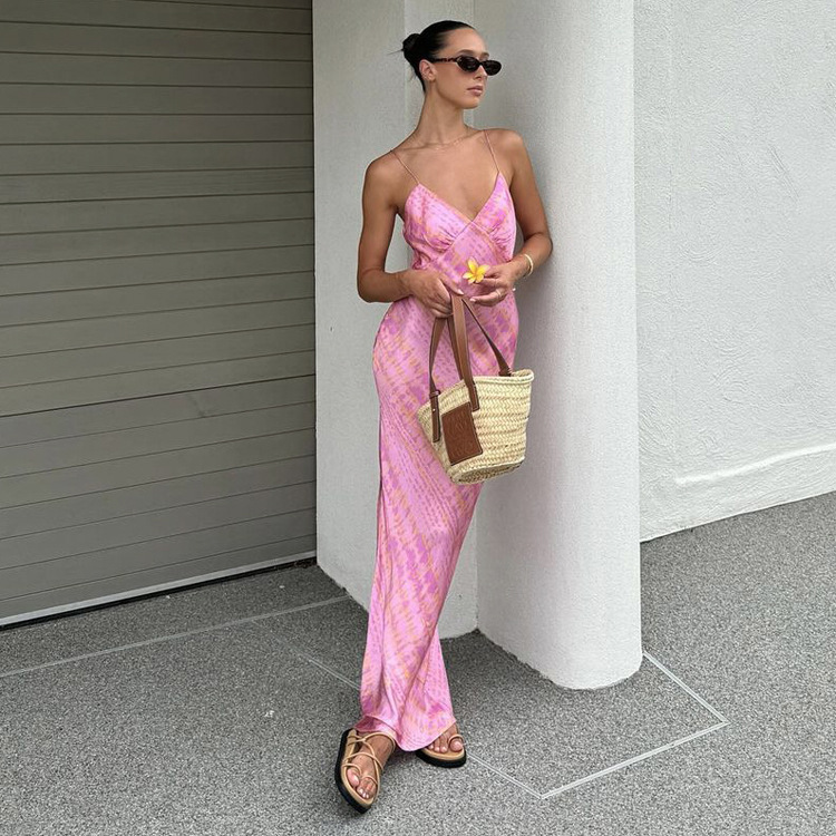 Ootddress Sexy Printed Contrast Maxi Dress Women's V-Neck Backless Side Split Fashion Slim Autumn Party Dress Female Clothes