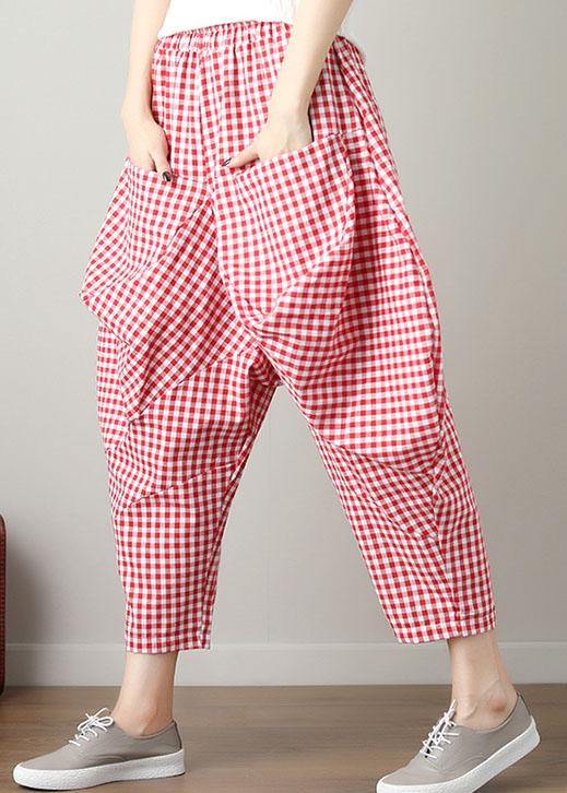 VCSHOES red plaid cotton crop pants loose elastic waist pants