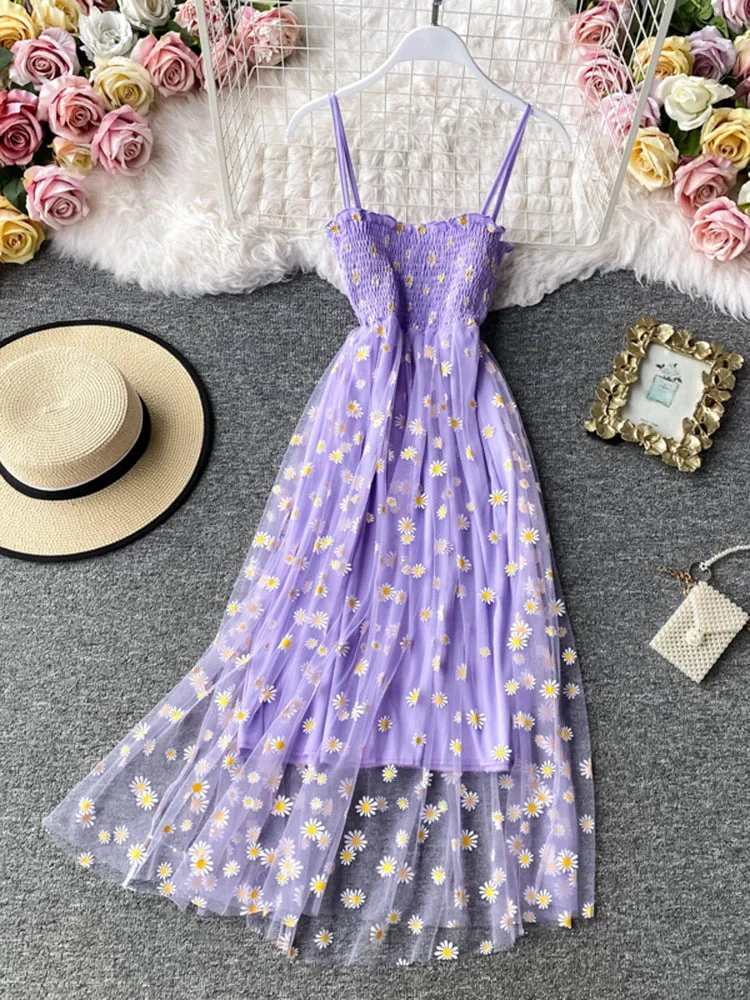 Oocharger Summer Beach Mesh Floral Dress Women Vintage Elegant Sexy Beach Sundress Woman Party Night Korean Kawaii Vestidos