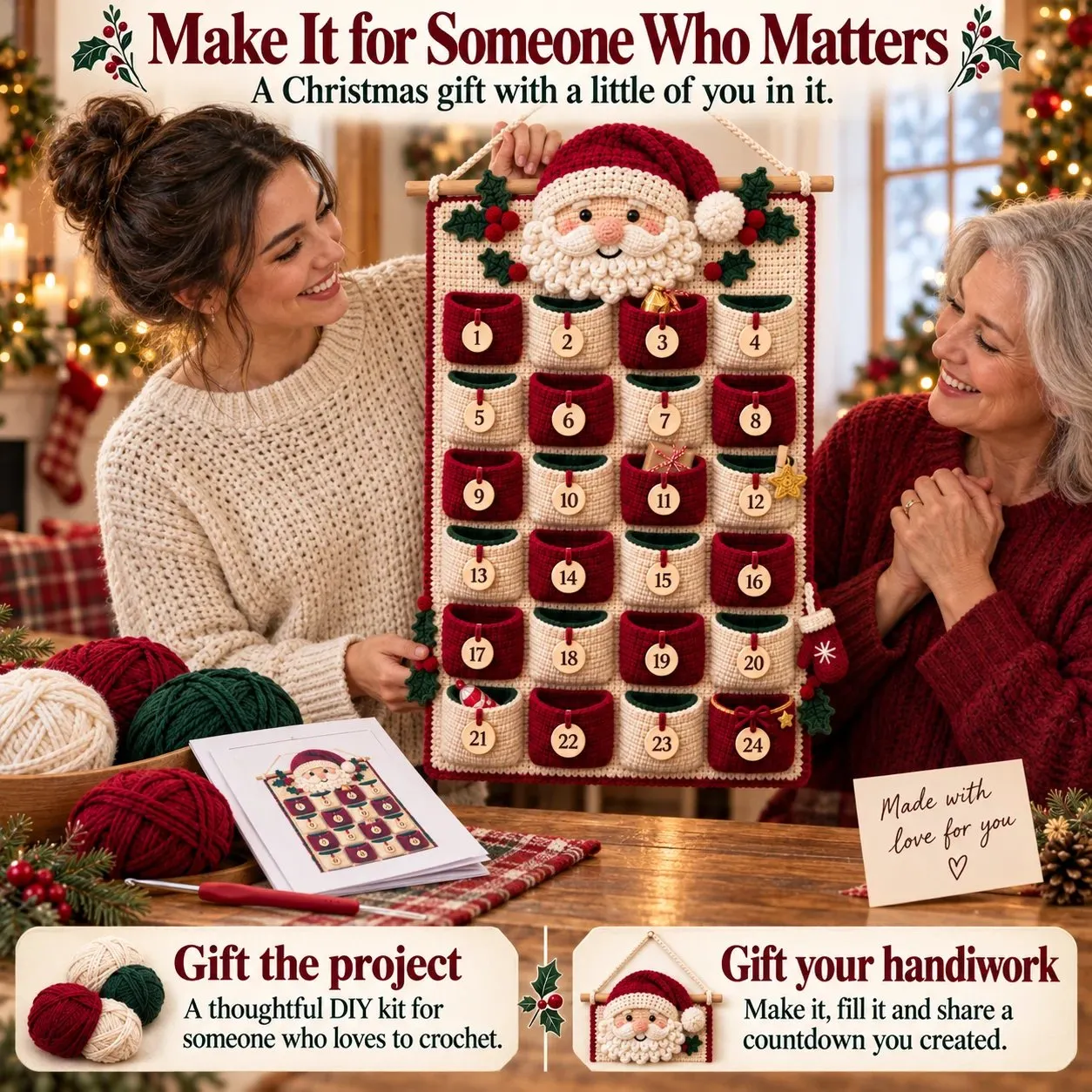 Gift scene showing a crochet Advent calendar and the option to give the project or finished handiwork