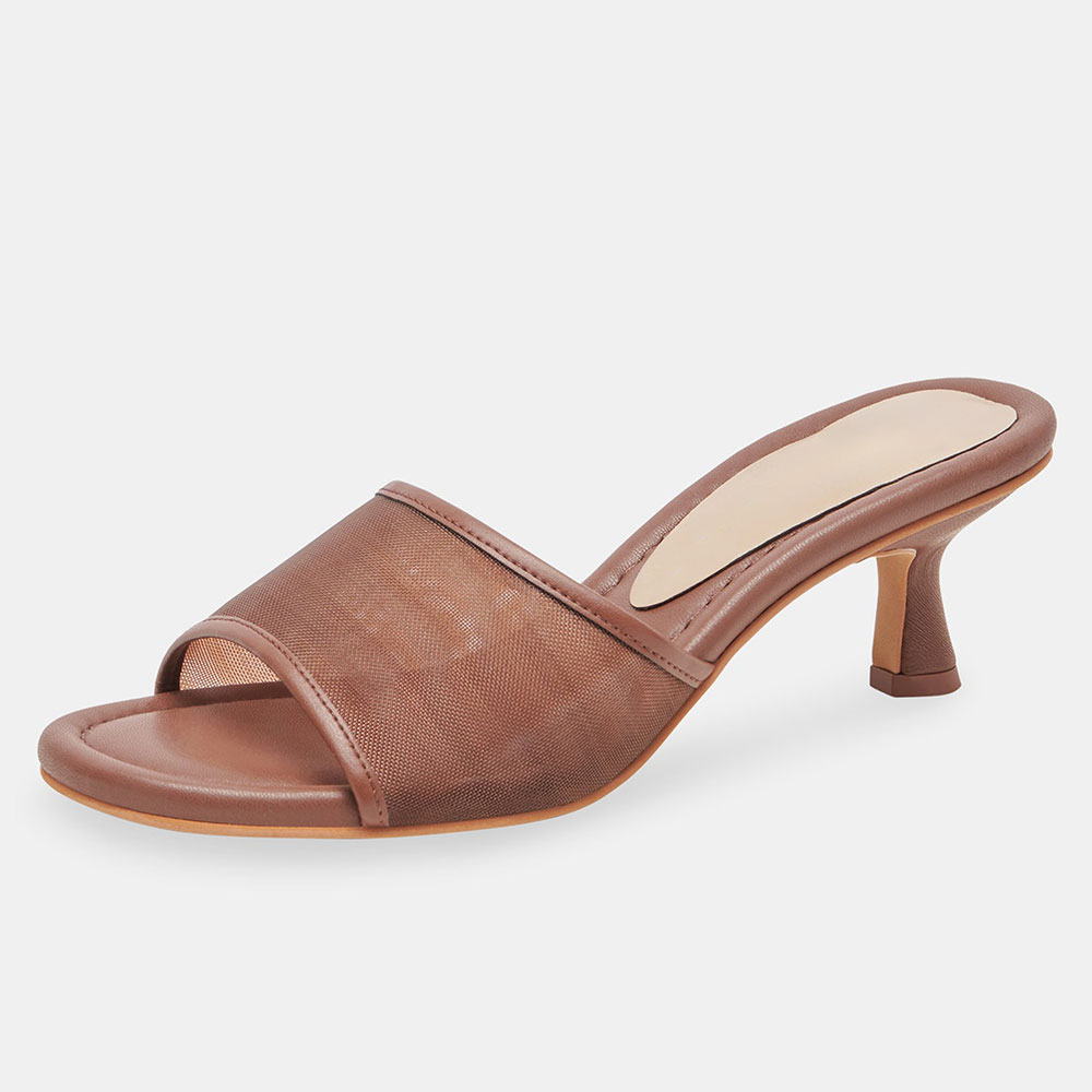 Brown Vegan Leather Round Toe Mesh Wide Band Elegant Mules for Women Nicepairs