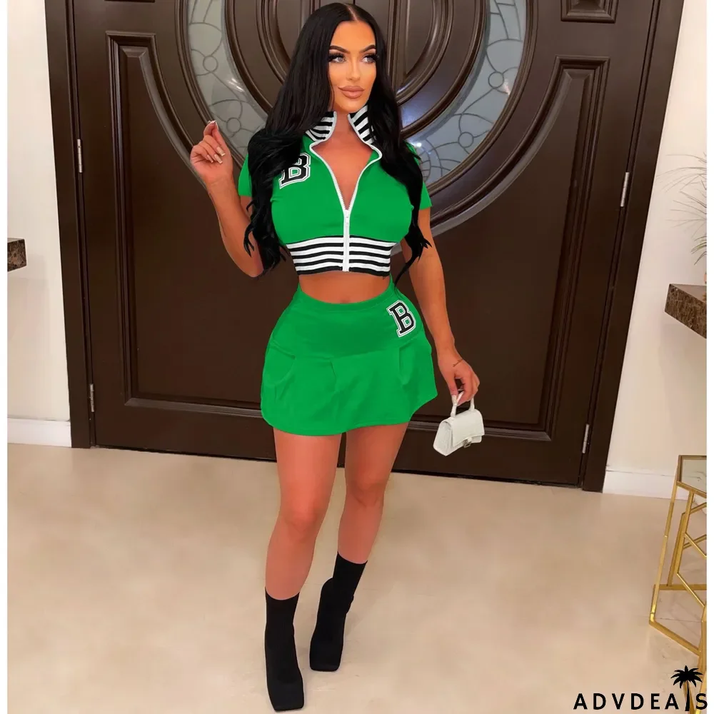 Women'S Summer Short-Sleeved Embroidery Two-Piece Skirt Suit