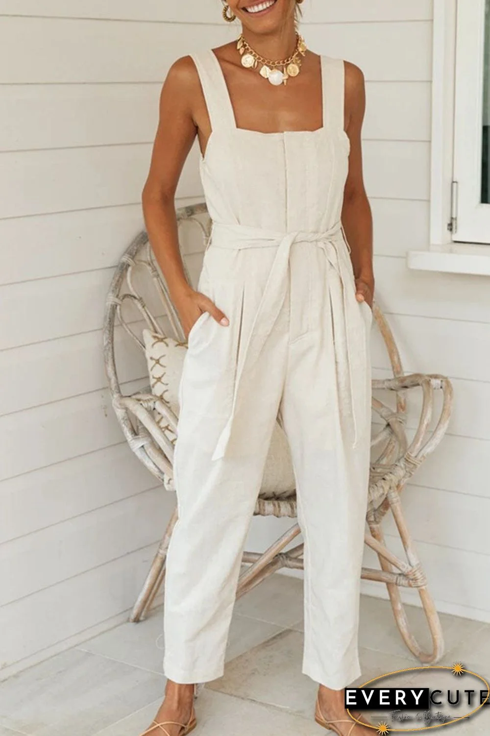 Fashion Street Solid Split Joint Square Collar Loose Jumpsuits