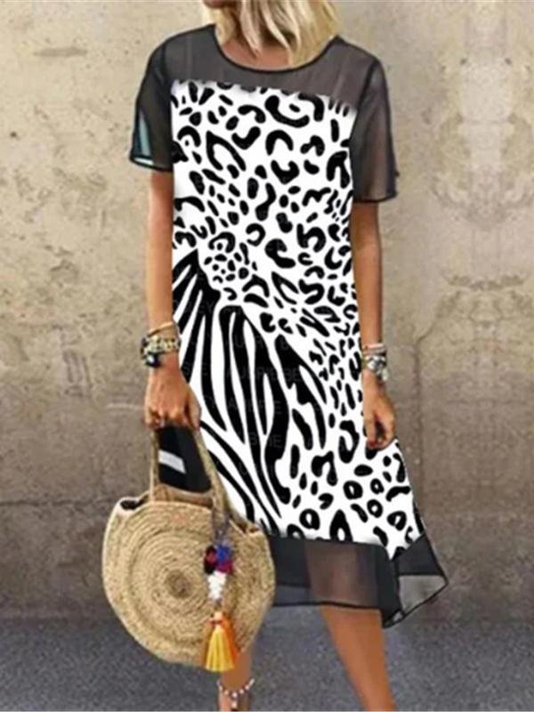 Women's Short Sleeve Scoop Neck Leopard Stitching Midi Dress