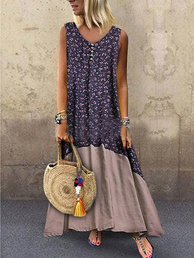 Women's Swing Dress Maxi Long Dress Sleeveless Floral Print Summer V Neck Plus Size Hot Blue Red Brown