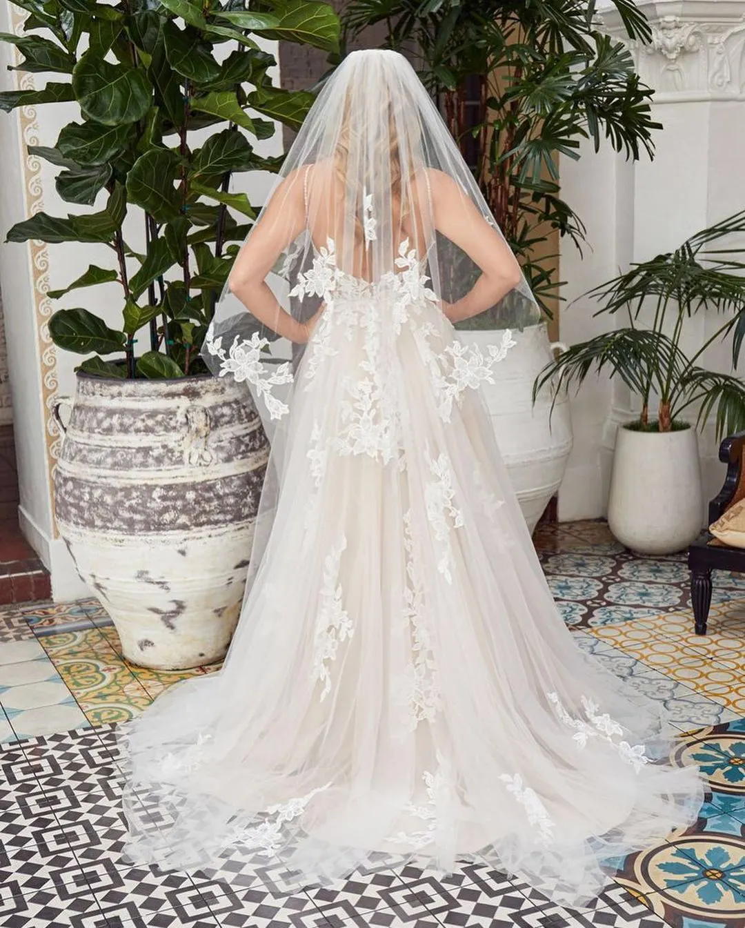 Elegant A-Line V-Neck Tulle Wedding Dress with Lace Appliques and Ruffles