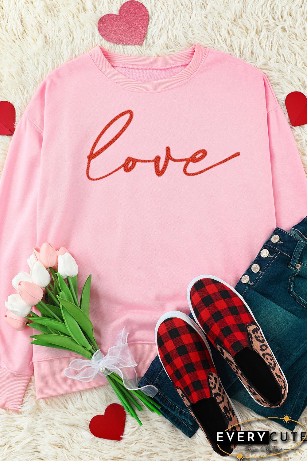 Pink Love Glitter Pattern Print Crew Neck Sweatshirt