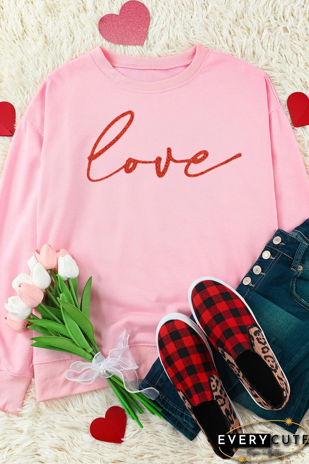 Pink Love Glitter Pattern Print Crew Neck Sweatshirt