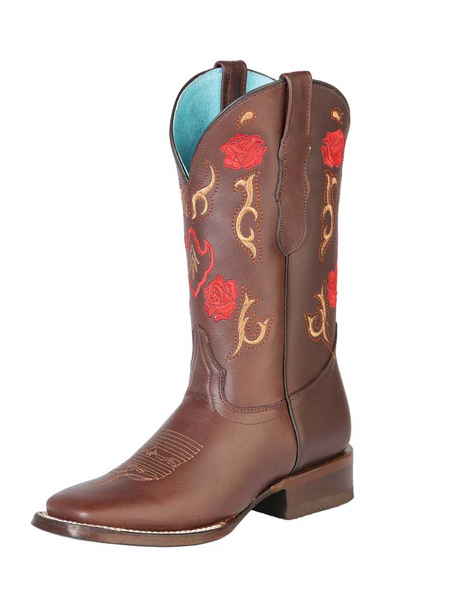 Brown Vegan Leather Snip Toe Chunky Heel Embroidered Cowgirl Boots