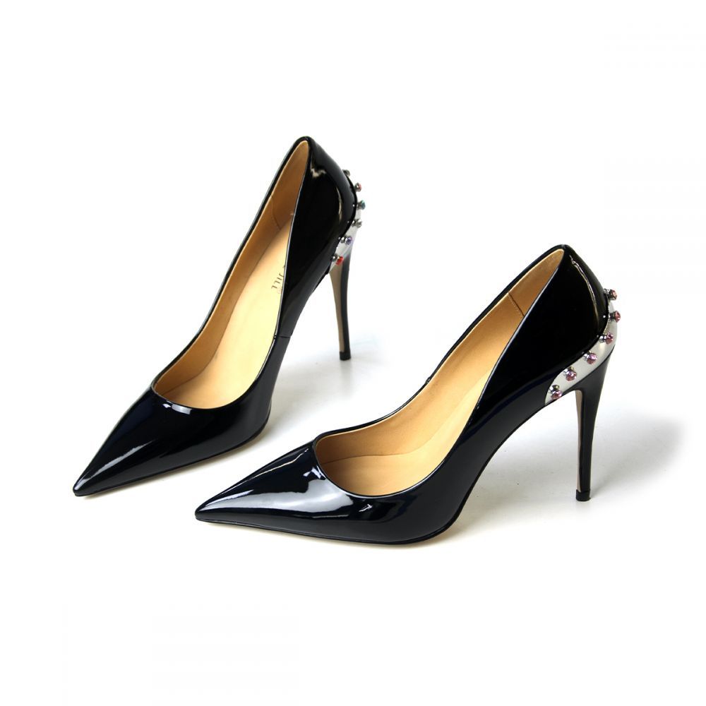Black Patent Leather 4 Inch Heels Pointed Toe Rhinestone Pumps Shoes Nicepairs