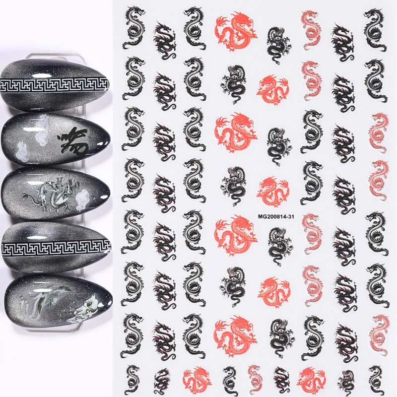 Red Black Colorful 3D Dragon Design Stickers Women Love Nail Art Slider Gel Polish Decal Temporary Decoration For Nail Manicures