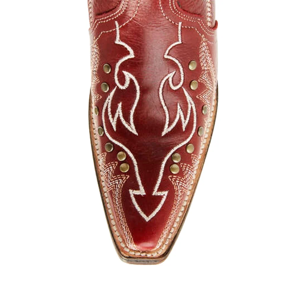 Red Snip Toe Vegan Leather Chunky Heel Cowgirl Boots with Studs