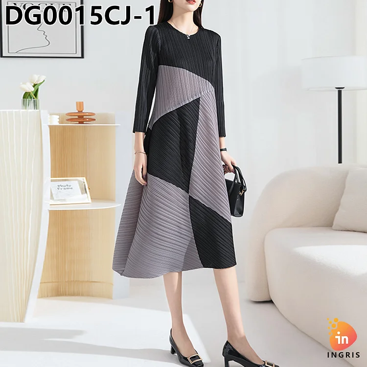 High Fashion Women Geometric Loose Waist Plus Size Color Contrast O-Neck Long Dress Madi Ladies Pleated Dress-DG00015CJ